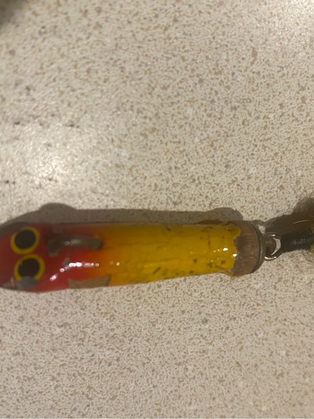 Rare Wooden Yellow and Red Fishing Lure with Black Eyes